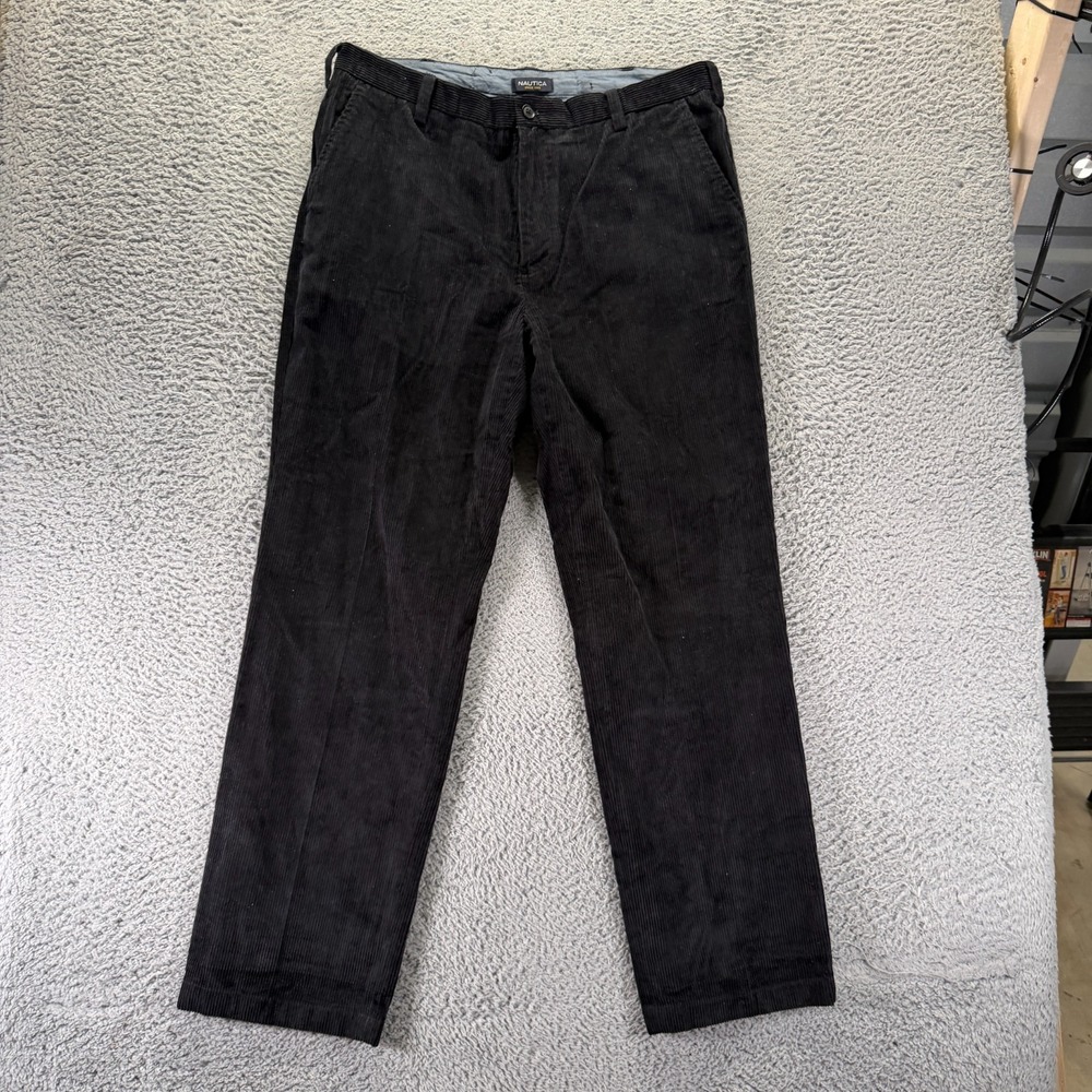 Nautica Deck Pant Mens 36x32 Black Cotton Corduroy Chino Straight Classic Preppy